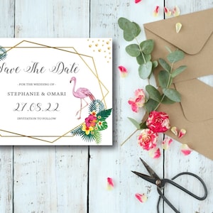 Tropical Personalised Wedding save the date, wedding, invitation, personalised wedding invite, wedding stationery, flamingo theme, floral