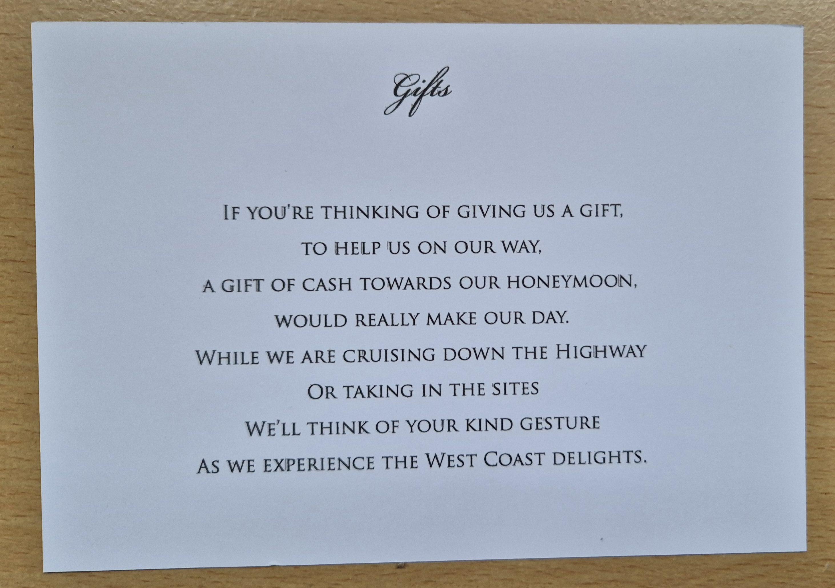 Gift poem, wedding invitation gift poem, postcard size A6 gift message, gift template, asking for a wedding gift, gift message,