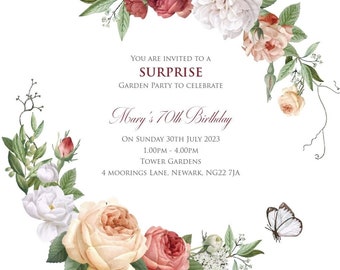 Birthday Party invitations, surprise party, garden party, invites, personalised, 18th, 21st, 40th, 50th, 60th, 70th, birthday party,