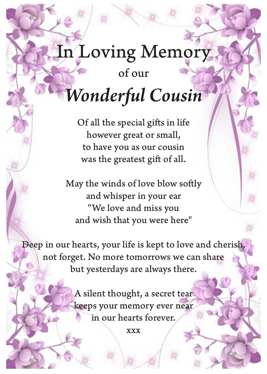 Cousin in Loving Memory Print, Funeral Poem, Missing You, Bereavement, Heaven Print, Grief Poem