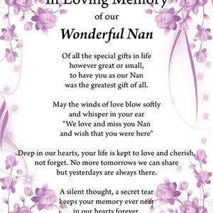 Impresión de recuerdo amoroso de Nan, impresión conmemorativa, impresión digital, descarga digital, poema funerario, seres queridos en el cielo, impresión A4,