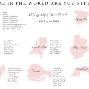 Sitzplan Hochzeit, wo in der Welt, Hochzeitstag, Sitzplan Thema Reisen, Gästeliste Hochzeit, Hochzeit im Ausland, Karte Tischplan,