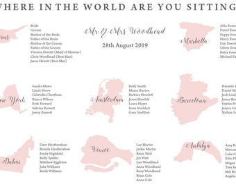 Wedding seating plan, where in the world, wedding day, travel theme seating plan, wedding guest list, wedding abroad, map table plan,