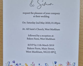 Wildflower wedding invitation, personalised wedding invitation, floral invitation, A5 size invite, pretty wedding invitation,