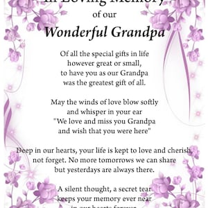 Impresión de recuerdo amoroso del abuelo, impresión conmemorativa, impresión digital, descarga digital, poema fúnebre, seres queridos en el cielo, impresión A4,