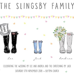 Pode incluir: Um anúncio de casamento e batismo para a família Slingsby. O anúncio apresenta uma guirlanda colorida, corações e ilustrações de botas de chuva. O texto diz "The Slingsby Family", "Lee", "Jack", "Andrea", "Celebrating the wedding of Lee and Andrea and the christening of Jack", e "Saturday 17th November 2018 ~ Blyton Church".