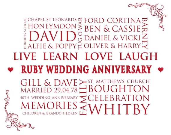 Ruby Wedding Anniversary, Personalised Present, A4 Print, Keepsake