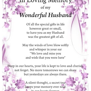 Impresión de recuerdo amoroso de esposo, impresión conmemorativa, impresión digital, descarga digital, poema fúnebre, seres queridos en el cielo, impresión A4,