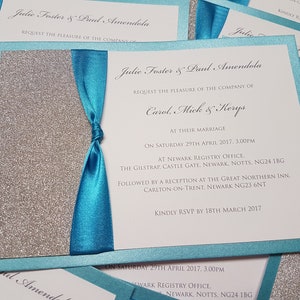 Invitation de mariage turquoise, carte de paillettes, invitation de paillettes et ruban, invitation scintillante, mariage de princesse, mariage élégant, invitation de luxe