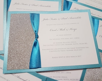 Turquoise wedding invitation, glitter card, glitter and ribbon invite, sparkly invite, princess wedding, elegant wedding, luxury invitation