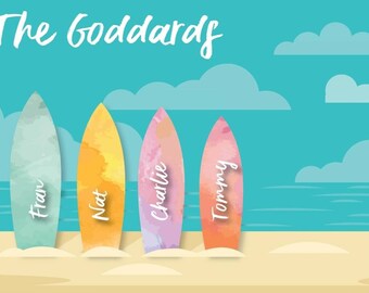 Surfbrädetryck, familjepresent, A4-tryck, surfing, havsälskare, strandfamiljepresent, personlig present, surfarpresent, present till vänner, present,