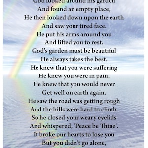 Impresión del jardín de Dios, poema fúnebre, te extraño, duelo, arcoíris, impresión del cielo, obituario, lectura fúnebre, poema religioso, poema conmemorativo