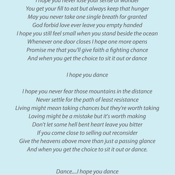 I hope you dance art print, inspirational art, song lyrics, hope you dance lyrics, uplifting words, positivity print, a4 print, home decor,