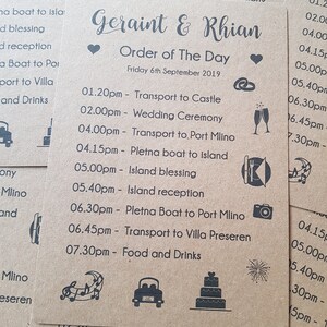 Tarjetas de orden del día, orden del día de la boda, papelería de boda, plan del día de la boda, horarios del día de la boda, plan de boda, horario,