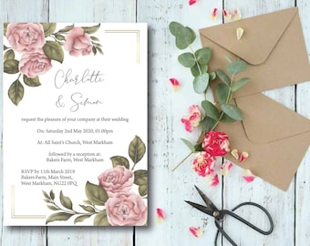 Rose wedding invitation, pink roses, floral wedding invitation, summer wedding invite, wedding invitation card, wedding invites,