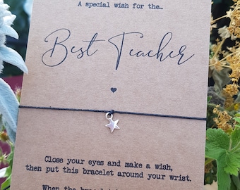 Best Teacher Wish bracelet, thank you teacher, charm string bracelet, charm jewellery, jewellery for her, teacher gift, token gift,
