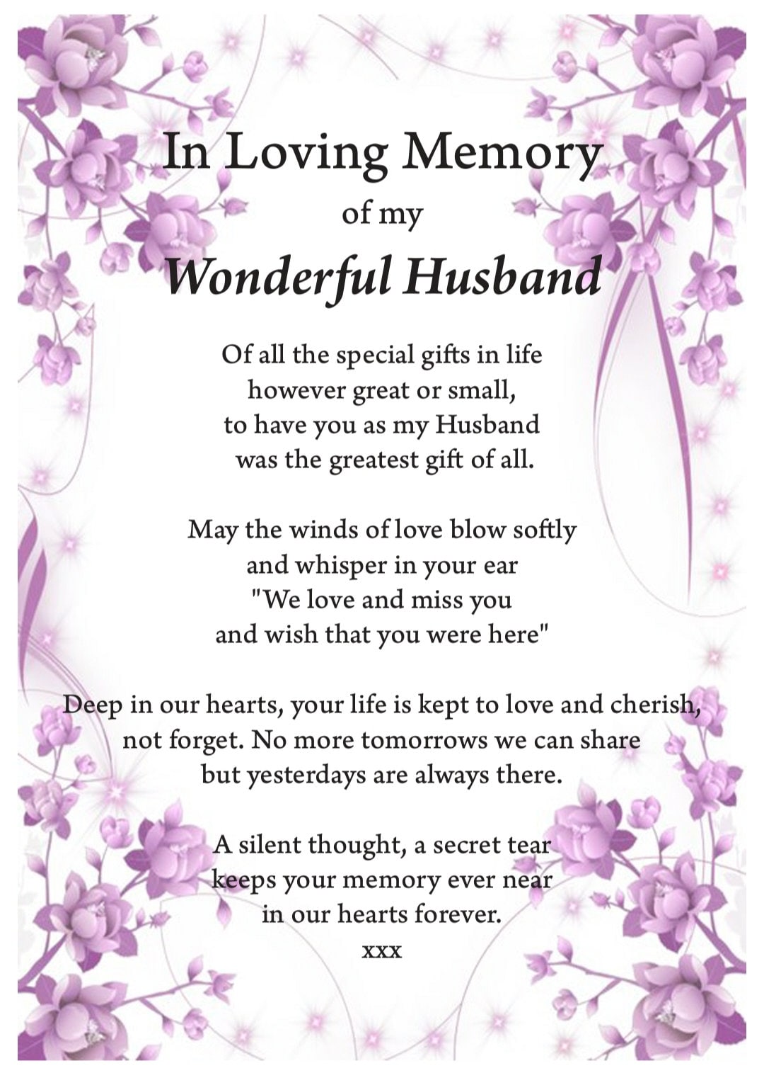 Husband in Loving Memory Print, Funeral Poem, Missing You, Bereavement