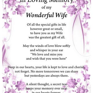 Impresión de recuerdo de amor de esposa, impresión conmemorativa, impresión digital, descarga digital, poema fúnebre, seres queridos en el cielo, impresión A4,