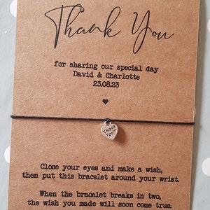 Recuerdo de boda, pulsera de deseos, regalo para invitados a la boda, regalo para ella, pulsera de cordón, pulsera de hilo con dijes, joyería con dijes, recuerdo,