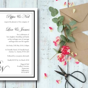 Convite de casamento, convite de casamento simples, convite moderno, convite de casamento com cartão postal, casamento estiloso, preto e branco, tradicional,