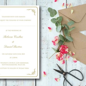 Wedding invitation, simple wedding invite, modern invitation, postcard wedding invite, stylish wedding, gold and white, traditional,