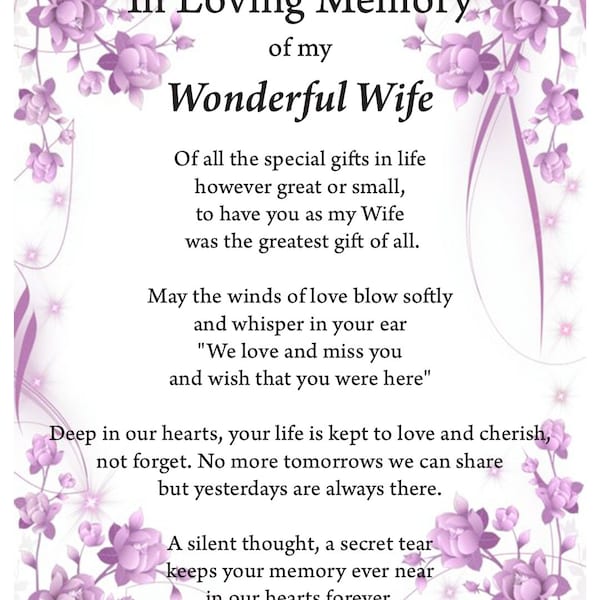 Wife in loving memory print, funeral poem, missing you, bereavement, heaven print, grief poem, wife in heaven,