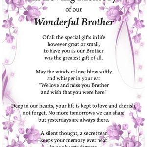 Impresión de recuerdo amoroso de un hermano, impresión conmemorativa, impresión digital, descarga digital, poema fúnebre, seres queridos en el cielo, impresión A4,