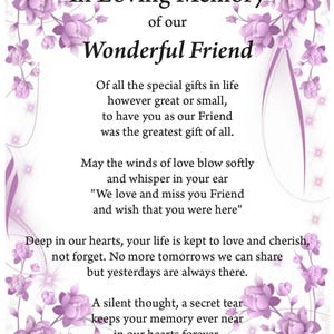 Impresión de recuerdo de un amigo cariñoso, impresión conmemorativa, impresión digital, descarga digital, poema fúnebre, seres queridos en el cielo, impresión A4,