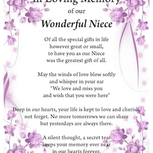 Nichte liebevolle Erinnerung Druck, Gedenkdruck, Digitaldruck, digitaler Download, Trauergedicht, Geliebte im Himmel,Druck A4,