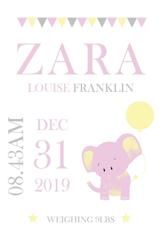 Stampa Elefante Annuncio Nascita Personalizzata Nuovo Bambino