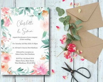 Wedding invitation, spring flower wedding, summer wedding invite, wedding invitation card, botanical wedding invites, pretty wedding, floral