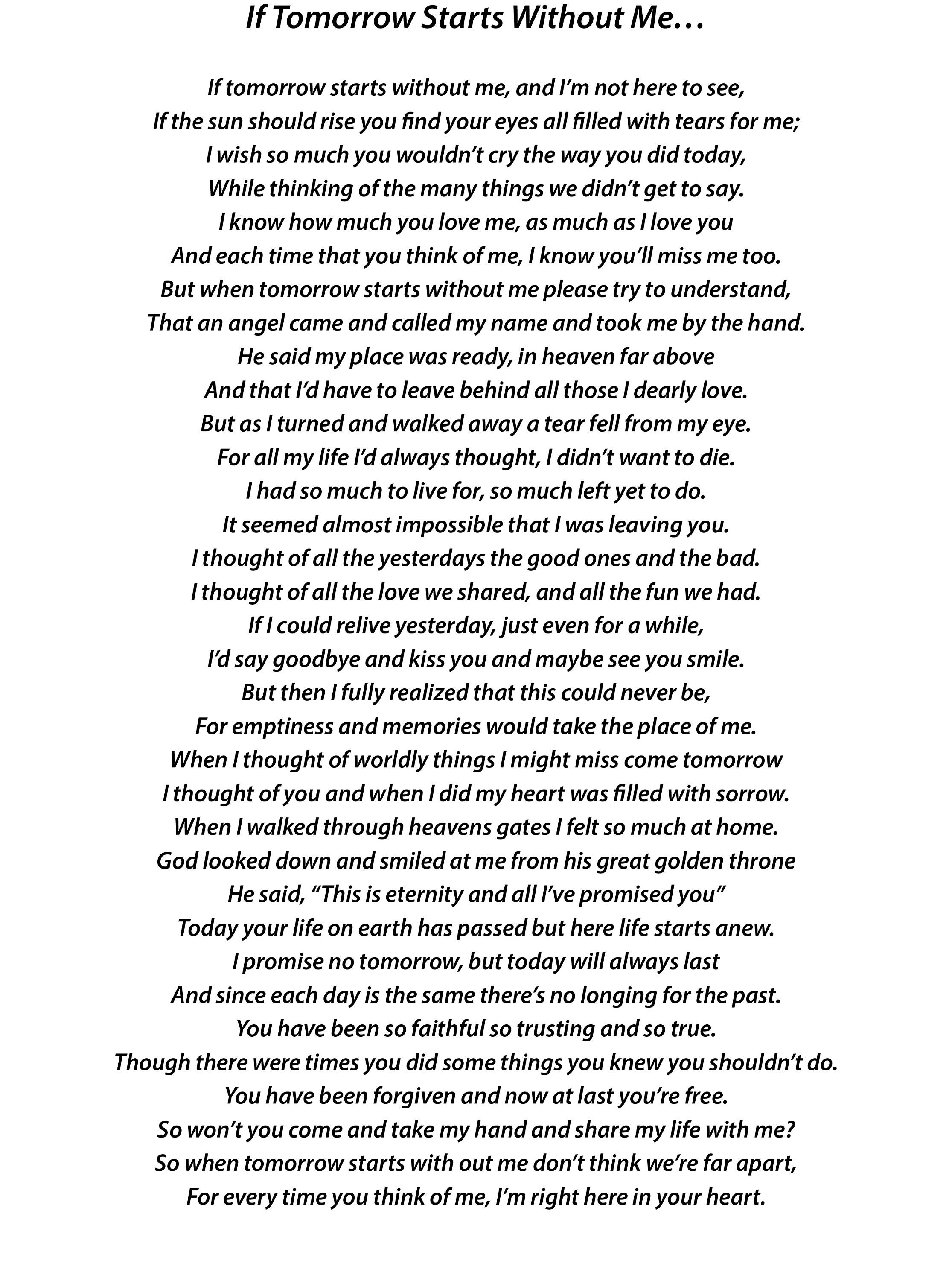 If Tomorrow Starts Without Me Print, Memorial Print, Digital Print, Digital Download, Funeral ...