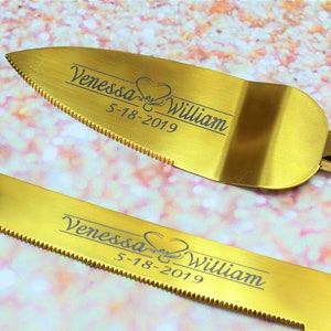 Custom Engraved Stainless Steel Titanium Cake Server and Knife Set: Wedding Server and Knife, Cake Cutting Set, Gold, Laser Engraved