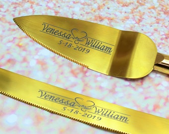 Custom Engraved Stainless Steel Titanium Cake Server and Knife Set: Wedding Server and Knife, Cake Cutting Set, Gold, Laser Engraved