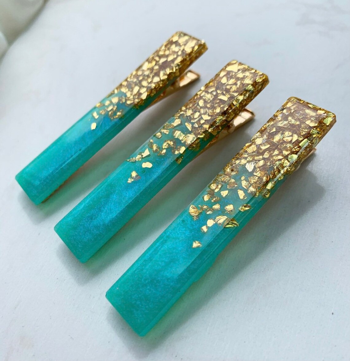 3 Pack Teal and Gold Hair Barrette Clip Hair Accessories Etsy