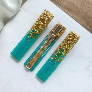 3 Pack Teal and Gold Hair Barrette Clip: Hair Accessories, Elegant Hair Clips, Hair Clip Pack, Alligator Clip, Teal and Gold Accessories