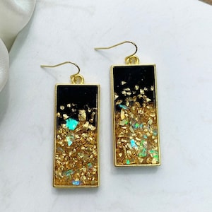 Black and Gold Resin Earrings: Gold Bezel Resin Earrings, Black and Gold Resin Earrings, Rectangle Shaped Earrings, Gold Jewelry