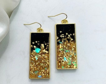 Black and Gold Resin Earrings: Gold Bezel Resin Earrings, Black and Gold Resin Earrings, Rectangle Shaped Earrings, Gold Jewelry