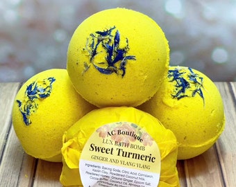 3 paquetes dulce cúrcuma Lux bath bombs: set de bombas de baño, juego de regalo bomba de baño, bombas de baño de leche de coco, aceite esencial Ylang Ylang, regalo de relajación