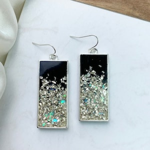 Black and Silver Resin Earrings: Silver Bezel Resin Earrings, Black and Silver Resin Earrings, Rectangle Shaped Earrings, Silver Jewelry