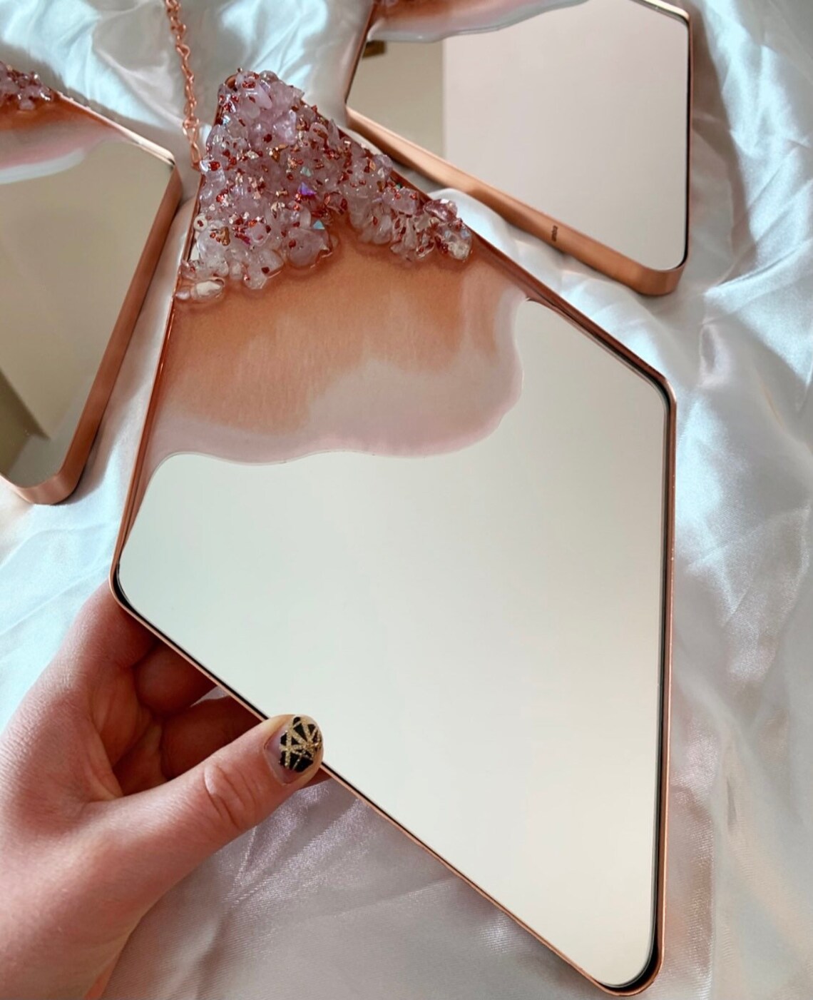 TRIO Rose Gold Decorative Hanging Diamond Mirrors Geode Mirrors, Agate