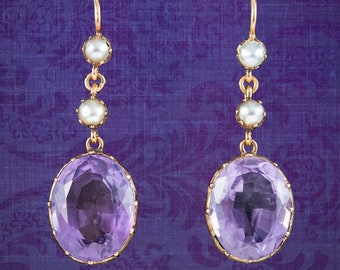 Antique Victorian Amethyst Pearl Drop Earrings 7.2ct Amethysts