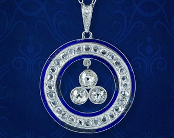 Art Deco Diamond Enamel Pendant Necklace Platinum 2.5ct Diamond