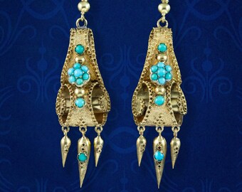 Antique Victorian Turquoise Etruscan Drop Earrings 18ct Gold