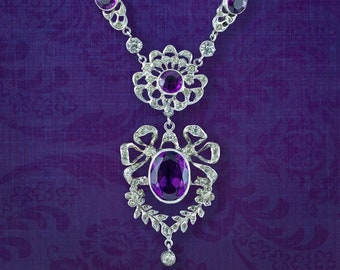 Collier Vintage En Argent Avec émail Rose Violet - Marque GM, Estampillé, Bijou Ancien