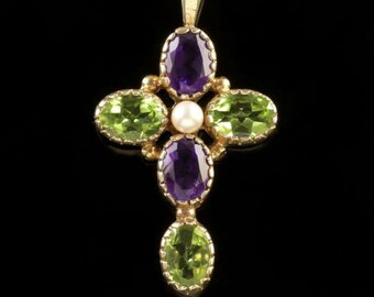 Suffragette Cross Pendant 9ct Gold Amethyst Peridot Pearl