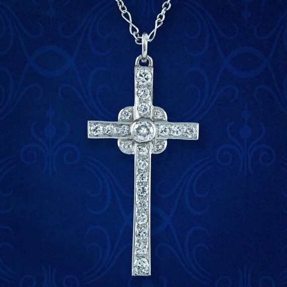 Art Deco Diamond Cross Pendant Necklace 18ct Gold 1.8ct Total