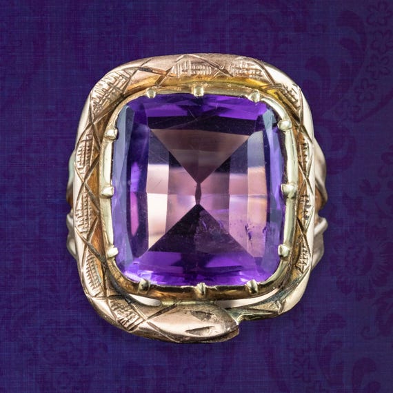 Bague évêque serpent victorienne ancienne en améthyste 14 carats