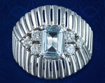 Art Deco Aquamarine Diamond Cocktail Ring French 0.85ct Aqua