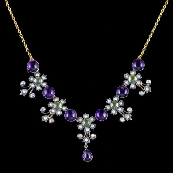 Suffragette Floral Necklace Amethyst Peridot Diamo